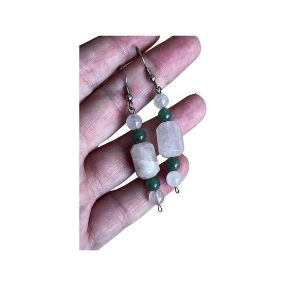 Jadeite and Quartz Hook Earrings, Vintage Drop Earrings - Picture 5 of 5